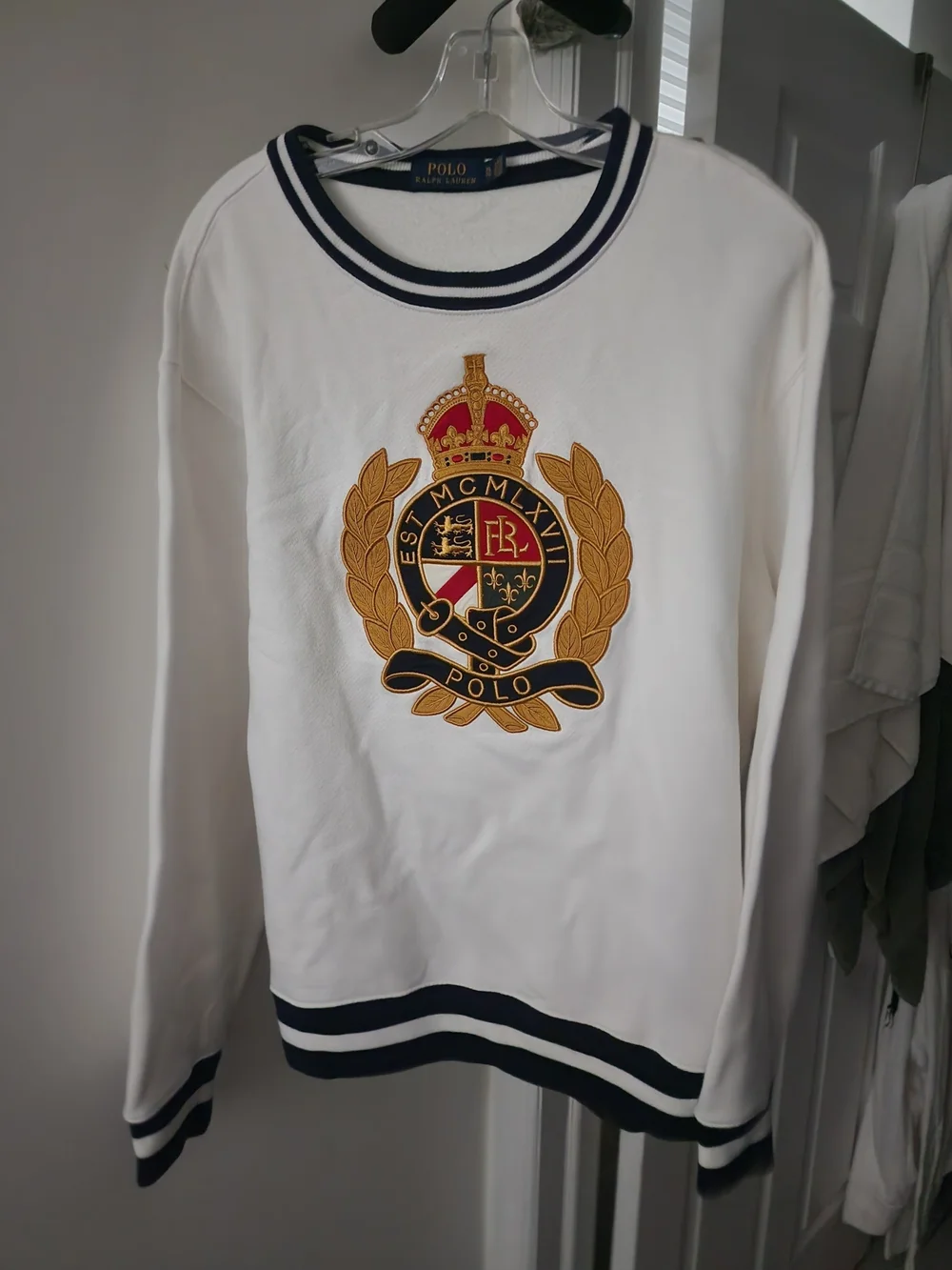Ralph Lauren White Long Sleeve Sweatshirt with Navy Trim and Gold Crest. L-XL